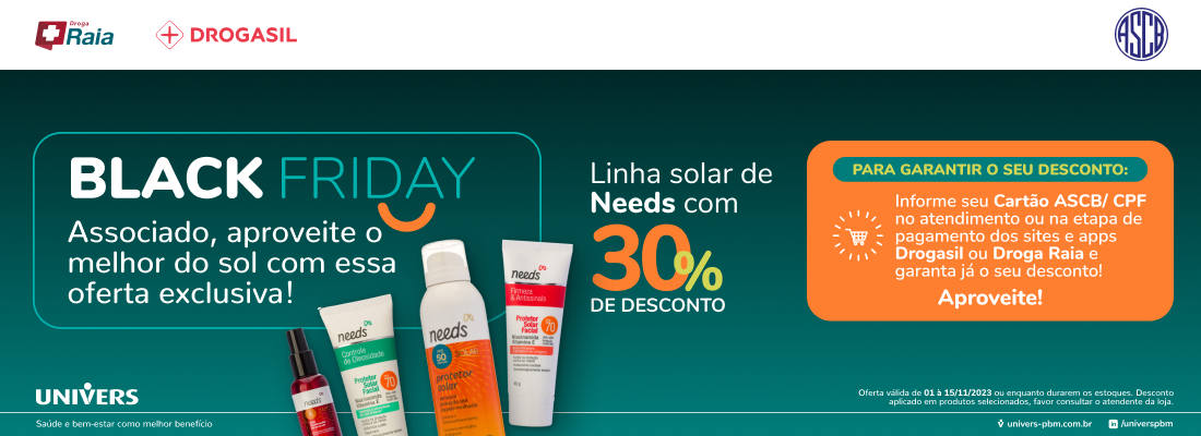 Parceria que concede descontos aos conveniados ASCB em medicamentos nas redes de farmácia Droga Raia e Drogasil de todo o país.

Os descontos para os conveniados ASCB é de 15% em medicamentos de marca tarjado e 15% em medicamentos tarjado genérico.